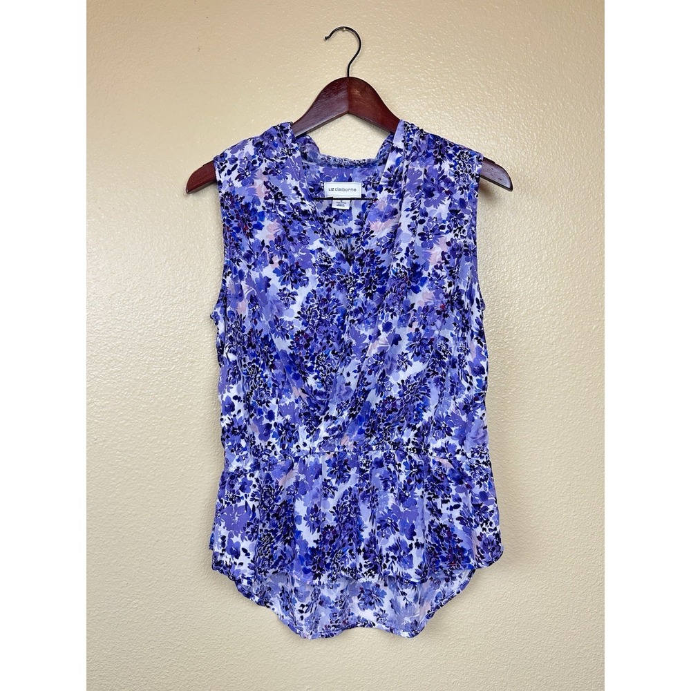 Liz Claiborne Blouse Floral Sleeveless Peplum V-Neck Purple White Rayon Medium